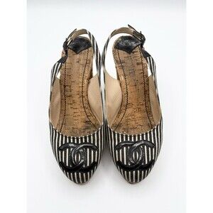 Chanel Black & White Pinstripe Slingback Cork Sandals CC Logo Sailor Sz EU 36.5